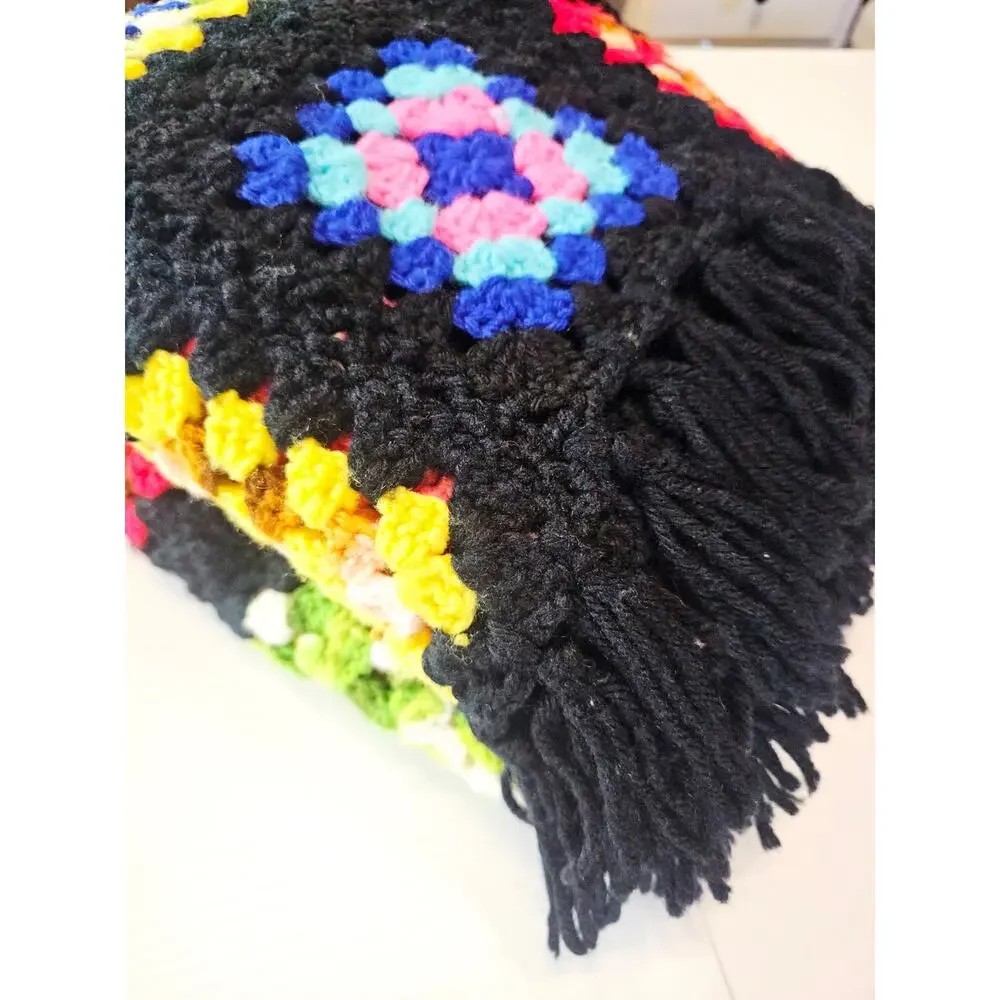 Vintage 70s Granny Square Afghan Crochet Throw Blanket Multicolor 58x45 Crib